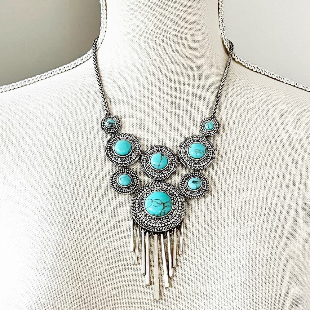Lucky Brand Turquoise Silver Statement Bib Necklace